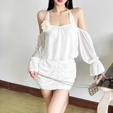 Halter neck design 3D floral off-shoulder dress